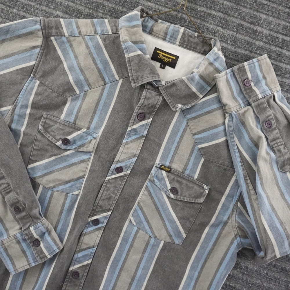Seager Western Shirt Mens Large Grey Blue Striped Long Sleeve Button Down